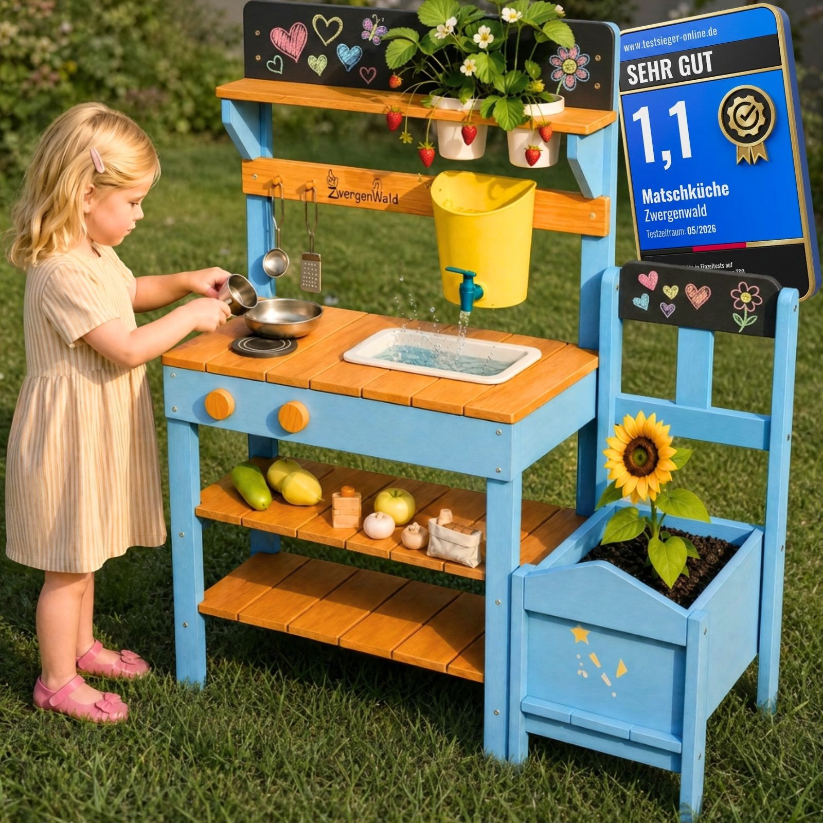 Zwergenwald Matschküche aus Holz im Garten, mit Arbeitsfläche, Spielbecken und Pflanzkasten